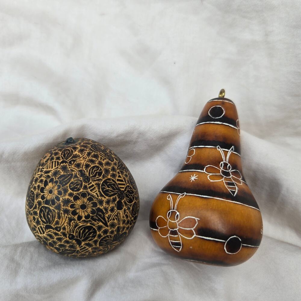 Set of 2 Hand Carved Peruvian Pictorial Gourds Bee Themed Artist Signed